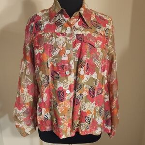 Ruby Rd. Leaf Print Button-Down Shirt - Pink, Brown, White